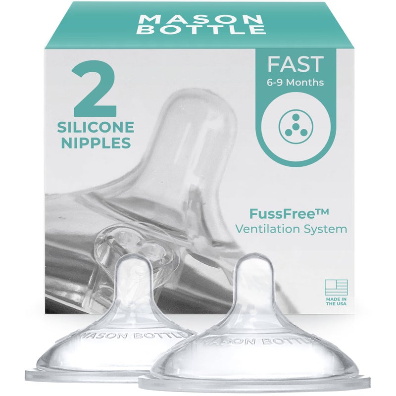 Mason Bottle Fast Flow Nipples (6+ Months) - Silicone Baby Bottle Nipples, Fits Any Regular-Mouth Mason Jars - Wide Natural Shape, BPA-Free, Non-Toxic, Made in USA (2-Pack) - Image 1